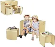HONEY JOY Kids Table and Chair Set, 3 Pieces Wooden Activity Table Bench w/Storage Shelves, Desk Chair for Children Learning, Reading, Arts, Crafts, Snack Time, Toddler Table & Chair Set for Playroom