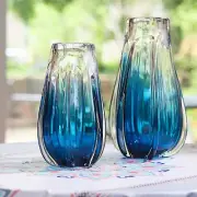 Hand Blown Laine Art Glass Vase - Blue Ombre - 10" Tall