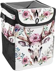 Car Trash Can with Lid and Storage Pockets Leak-Proof Organizer,Waterproof Garbage Can,Deer Skull Colorful Flowers