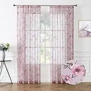 Tollpiz Sheer Curtains Pink Flower Leaf Printed Floral Embroidered Bedroom Curtain Sheers Rod Pocket Voile Faux Linen Window Curtains for Living Room, 54 x 84 inches Long, Set of 2 Panels