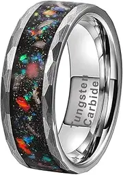 [LUXUBANDS] 8mm Hammered Tungsten Rings for Men Women Genuine Meteorite Galaxy Opal Inlay Engagement Wedding Bands Flat Comfort Fit
