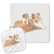 Collies Kitchen Dish Towel and Pot Holder Gift Set