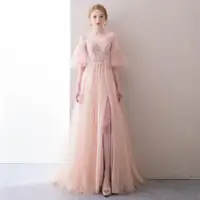 在飛比找ETMall東森購物網優惠-優雅深V領粉色主持走秀晚禮服