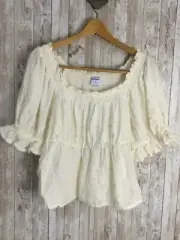 Old Navy Womens L Petite Peasant Top Cream Embroidered Square Neck Puff Sleeve