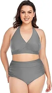 [Caihoyu] Plus Size Bikini for Ladies Tummy Control Bathing Suits High Waisted Bikini Swimwear Gray Neutral Solid Color Pure Plain L