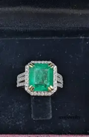 Three-Shank Halo Jewelry Ring 2.55CT Emerald Cut Real Emerald 14K 2-Tone Gold FN