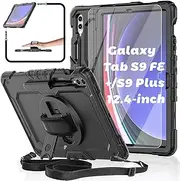 BASE MALL Case for Samsung Galaxy Tab S10 Plus/ S9 FE+/ S9 Plus 5G Tablet 12.4'' with Tempered Glass Screen Protector, Heavy Duty Shockproof/Rotatable Kickstand/Pen Holder/Hand/Shoulder Strap (Black)