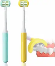FOREVIVE 2 Pieces 3 Sided Battery Powered Autism Toothbrush Three Bristles for Special Needs Kids Soft Bristles Soft and Gentle Clean Each Tooth to Completely Cover The Toothbrush, Yellow