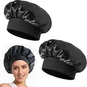 Wesoke 2pcs Satin Bonnet Silk Bonnets for Sleeping, Women Hair Bonnet for Curly Hair Braids, Large Sleep Cap Reusable Bath Shower Cap for Woman Men (Black)