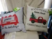 Outdoor Throw Pillows White/Red Truck/ Tree/Gnome."Frame Fresh" 16X16X5in Set2