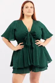 Green Tie Front Playsuit Short Sleeve