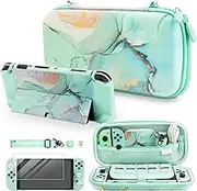 FUNDIARY Cute Carrying Case for Nintendo Switch OLED, Shockproof Hard Shell Carry Case for OLED with PC Protective Cover, Screen Protector, 2 Thumb Grips and Adjustable Shoulder Strap(Green Marble)