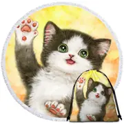 Cute Cat Designs Hi Five Black White Kitten Round Beach Towel
