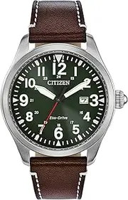 [CITIZEN] Men's Sport Casual Garrison 3-Hand Date Eco-Drive Leather Strap Watch, Arabic Markers, Stainless Steel, Field Watch
