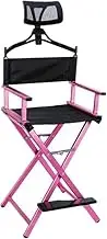 Folding Director Chair with Headrest, Portable Makeup Chair and Ottoman with Canvas Back, Aluminum Portable Chair for Outdoor, Beach, Office, Home,Rose Gold,58x42.5x110cm