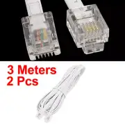 10Ft 6P4C RJ11 Telephone Extension Modular Cable Phone Line Male Conductor 2Pcs