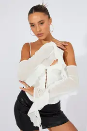 White Corset Top Off The Shoulder Ruffle Sleeves - Size 14, Women's Top