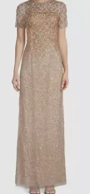 $596 Aidan Mattox Women Gold Beaded Back Slit Round Neck Gown Dress Size US 6