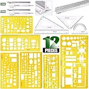 Keadic 12 Pieces Plastic Drawing Template Ruler Kit with Aluminum Architect Scale, Measuring Templates Building Geometric Drawing Rulers for Drafting Illustrations Architecture & School Work