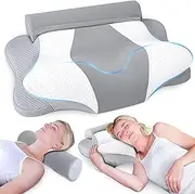 SAHEYER Cervical Roll Pillow for Sleeping, 2 in 1 Neck Memory Foam Pillows for Neck Stress Relief, Neck Support Pillow for Sleeping, Ergonomic Pillow for Side, Back and Stomach Sleepers-Grey
