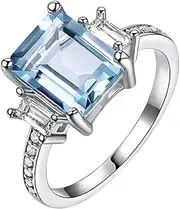 [EUSJ] Aquamarine Ring 925 Sterling Silver Emerald Cut 7 * 9MM Sky Blue Aquamarine and White Moissanite Aquamarine Engagement Rings Aquamarine Gifts for Women