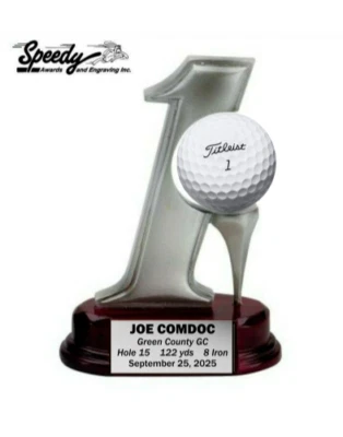 HOLE IN ONE TROPHY GOLF BALL HOLDER PERSONALIZED 5.5" RESIN MEMENTO PRIZE AWARD