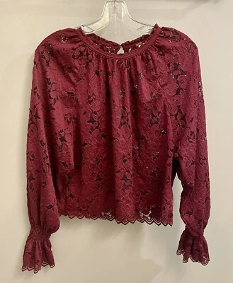NEW Free People Women’s XS Red Wine Lace Round Neck Balloon Sleeve Bell Boho