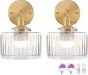 Shenmoyl Vintage Battery Operated Wall Sconce with Clear Striped Glass Lampshade 5000 mAh Rechargeable Battery Powered Wall Light with Remote Control for Bedside Bedroom Doorway, Set of 2