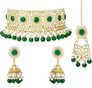 [Aheli] Kundan & Beads Studded Green Necklace Earrings & Maangtikka Set Jewellery for Women, One Size, Metal, No Gemstone