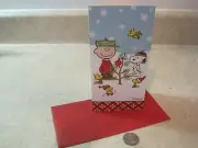 1 PEANUTS SNOOPY CHRISTMAS CARD CHARLIE BROWN TREE GLITTER SNOW FLAKES * CUTE