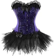 [FAWENLI] Fashion Corset Dress For Women Burlesque Corset Bustier With Mini Tutu Skirt Gothic Plus Size Lace Overlay Dre