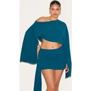 Plus Teal Floaty Woven Slash Neck Long Sleeve Top, Teal