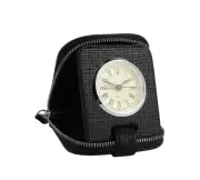 BRIONI TRAVEL BATTERY QUARTZ ALARM CLOCK BLACK NATURAL LEATHER CASE ITALY NEW #3