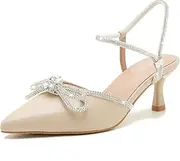 [HENEJNEL] Womens Rhinestone Bow Heels Sparkly Closed Pointed Toe Slingback Low Kitten Heel Pumps Ankle Strap Formal Evening Wedding Dress Party Shoes