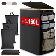 Laundry Hamper with Side Pockets and 3 Inner Bags,140L Large Foldable Recycle Bin Organizer, 600D Oxford Fabric Laundry Basket for Bathroom, Home, Beside Washi