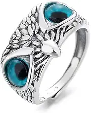 Sterling Silver Retro Heavy Industry Light Luxury Blue Eye owl Three-Dimensional Punk Trendy Open Ring