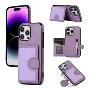 For iPhone 15 Pro Wallet Phone Case Card Holder Kickstand Grid Imprinted Back Cover