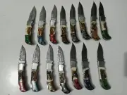 Damascus steel Folding Pocket Knife 15 Lot Multi and Stag Handle with Sheath