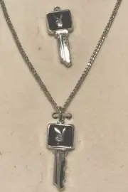 NEW Vintage Playboy Playmate Key Charm Necklace & Pin Silvertone Orig Box 1970s