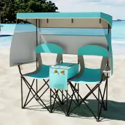 CostwayDouble Beach Chair with Adjustable Canopy and Cup Holders-Turquoise