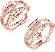 Cangall Silver Anxiety Rings, 2 Pieces 925 Sterling Silver Women's Anxiety Rings Set, Open Adjustable Anti-Stress Ring, Unisex Infinity Silver Spinner Fidget Rings, Decompression Rings with 6/7 Beads