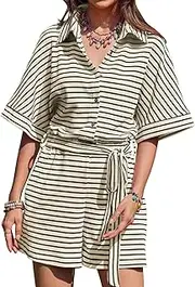 [Yousify] Womens Summer Casual Striped Rompers Short Sleeve Button Down Belted Elastic Waist Short Jumpsuit