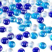 FUTUREPLUSX 1LB Iridescent Flat Glass Marbles, Blue Mixed Glass Beads Vase Fillers Decorative Gem Pebbles Sparkling Floral Fish Tank Rocks for Vases Table Scatter Aquarium Decor DIY Craft