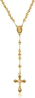 [Savlano] 14K Gold Plated Beaded Rosary Cross Necklace – 6.5MM Crucifix Cross Medallion Rosary Chain Y-Necklace for Women & Men Religious Jewelry Comes in Gold, Gold-Rose-Silver with a Gift Box