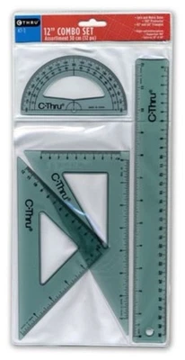 C-Thru 12" Combo Ruler/5" Protractor/8" & 5.5" Triangles Set Clear Office School