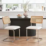 GrandNoor White Rattan Dining Chairs,Wooden Mid-Century Modern Kitchen Chairs, Armless Mesh Back Cane Chairs, Upholstered Boucle Chairs with Metal Chrome Leqs, Set of 2