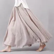 Women Double Layer Linen Maxi Skirt Pleated Vintage Boho Maxi Long Casual Cotton Beach Skirt Dress-Good beige 85cm