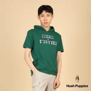 【Hush Puppies】男裝 帽T 經典格紋矽膠英文刺繡狗短袖帽T(深綠 / 43102103)