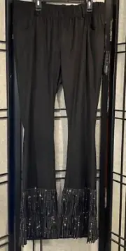 Cowgirl Tuff Company Bling Fringe Flare Pants Black Sz M Elastic waist Crystals
