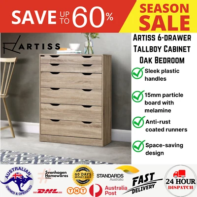 Premium 6 Chest of Drawers Tallboy Dresser Table Storage Cabinet Top Quality Oak